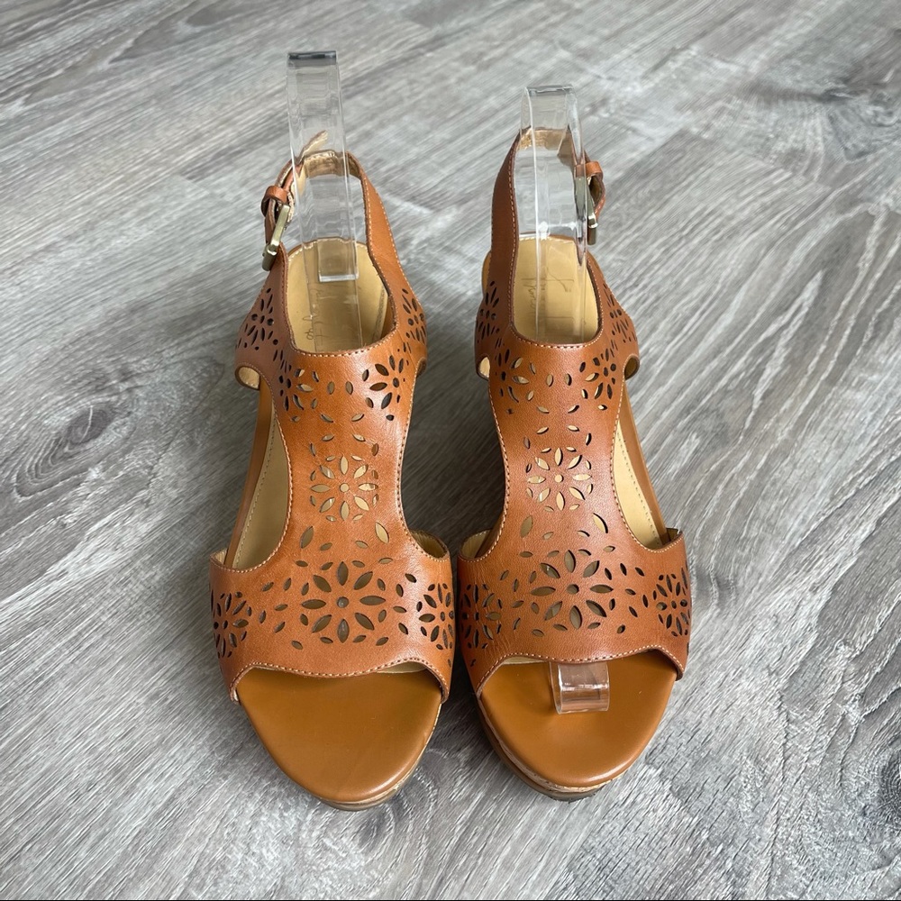 Franco Sarto Tan Laser-Cut Wedge Sandals